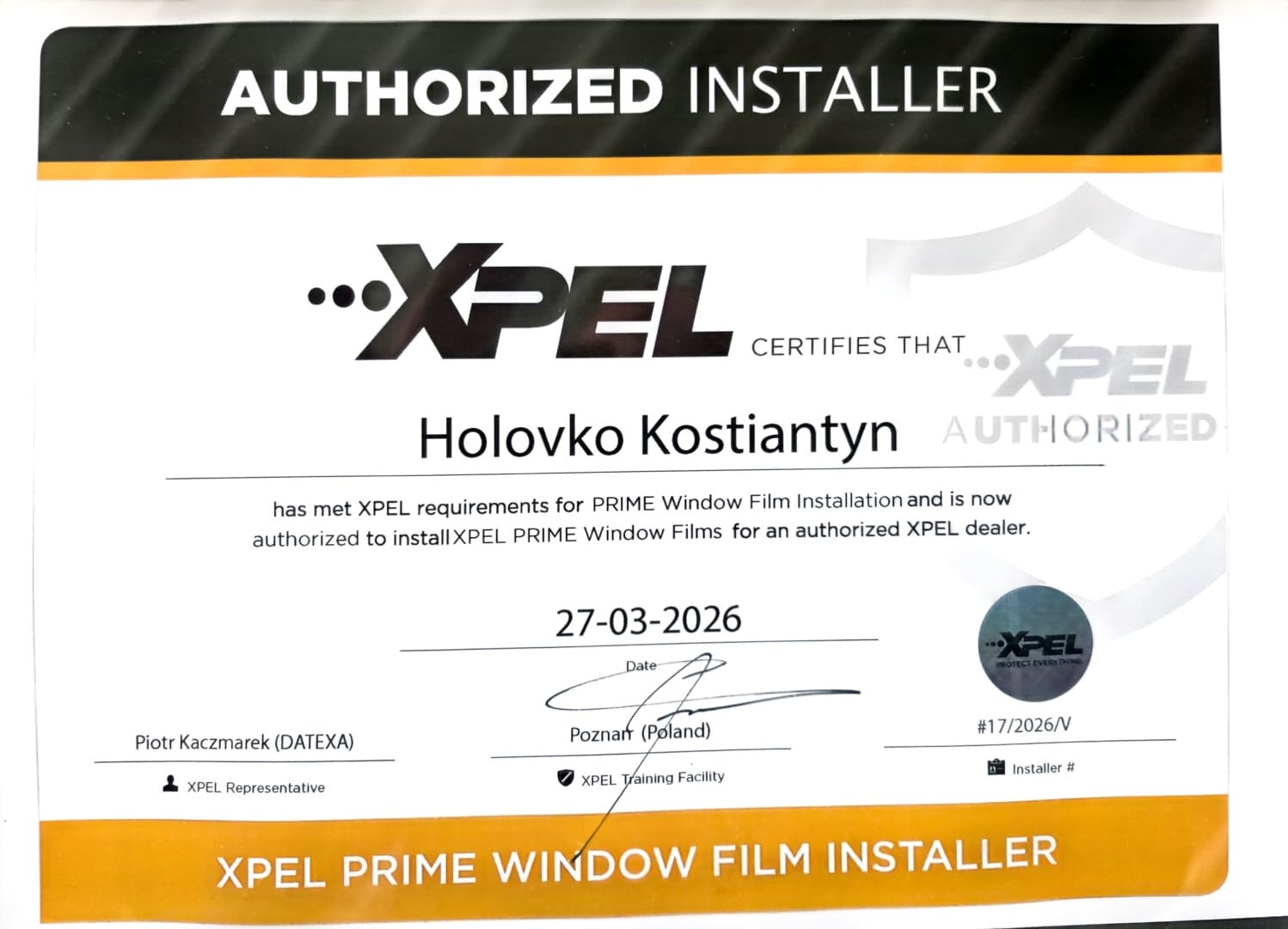 XPEL Authorized Installer Zertifikat